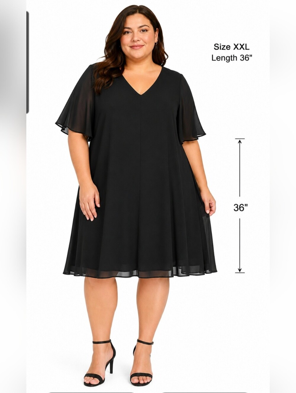 NWT Elegant JustFab Black V-Neck Flutter Sleeve Tunic Dress. Size USXXL